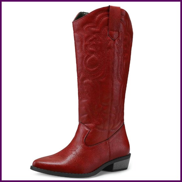 Women's Cowboy Boots Mid Calf Embroidered Western Pointed Toe Chunky Heel